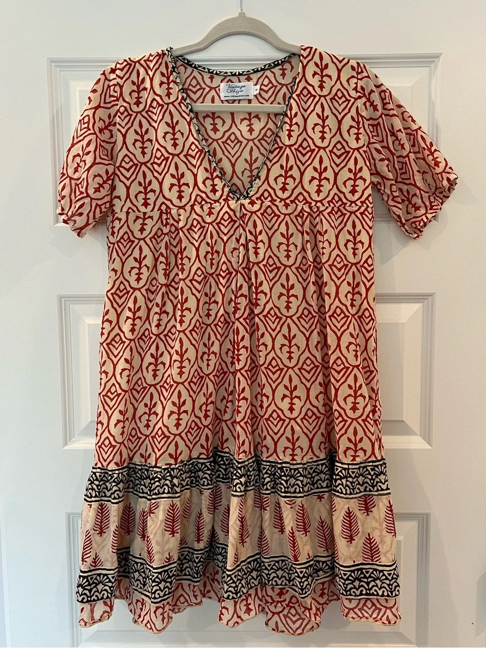 Vintage Ibiza Boho Block Print Babydoll Mini Dress Small Puff Sleeve Lined Gauze